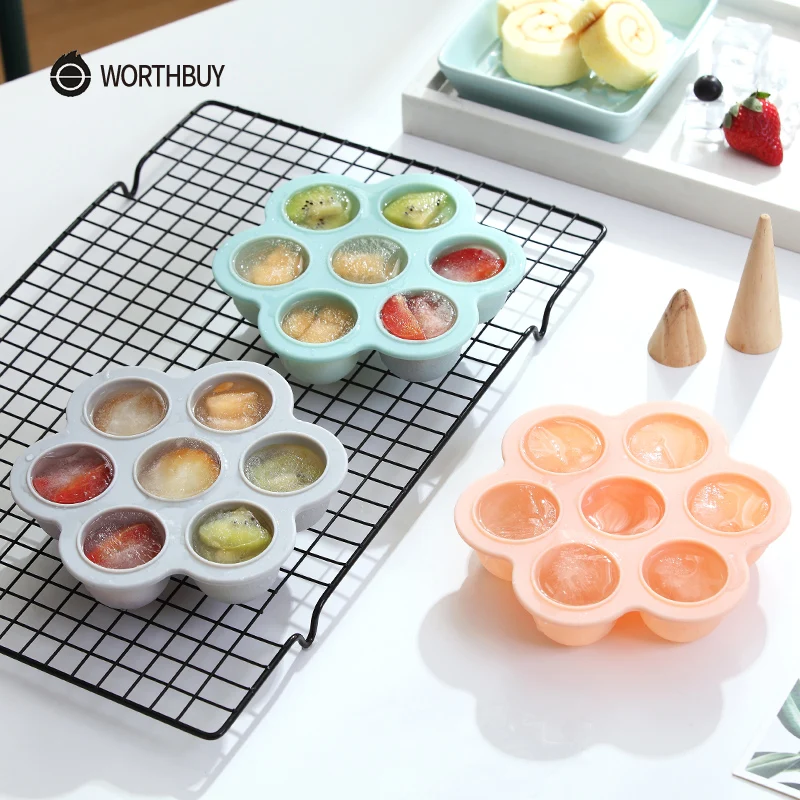 

WORTHBUY 7 Grids Ice Cube Mold Food Grade Silicone Ice Mould Tray Form For Fruit Ice Cube Maker Round Shape Kitchen Accessories