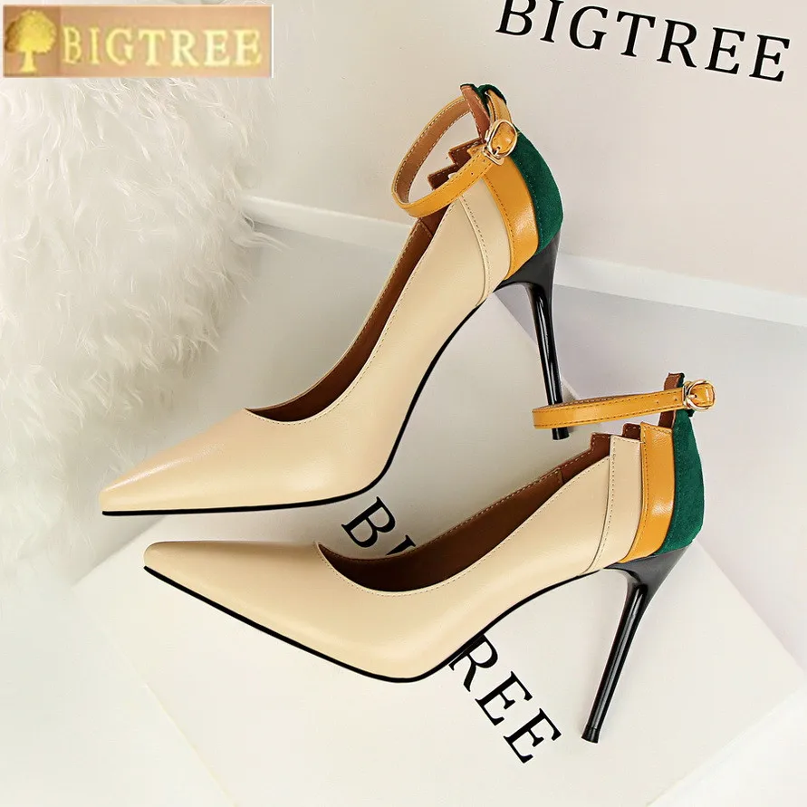 

Mixed Colors Buckle Retro Women Pumps 2018 New PU Leather Shallow Fashion High Heels Shoes Sexy Pointed Toe Women's Party Shoes