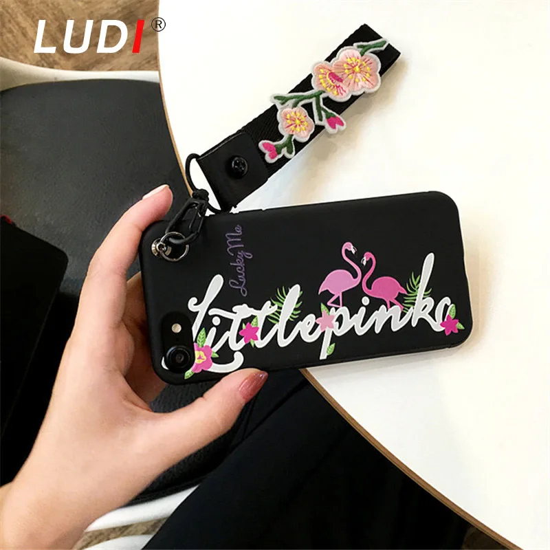 LUDI Simple Letter Flamingo Flowers Wrist Strap Case for iPhone X 8 7 7plus Soft Pro-TPU cover 6 6Plus 6s 6sPlus |