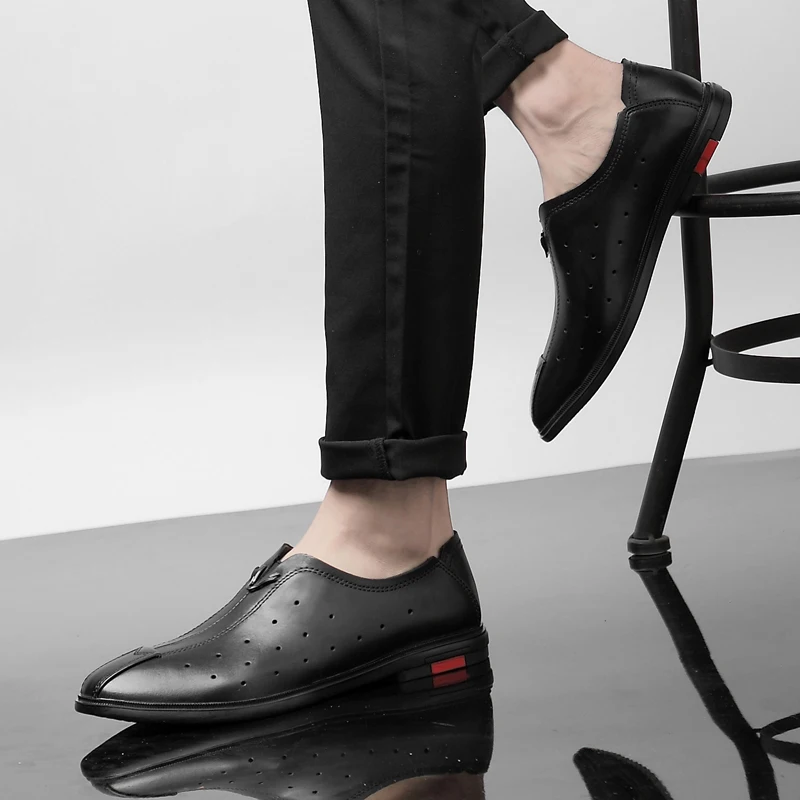 Модные мужские туфли повседневные лоферы из натуральной воловьей кожи летние