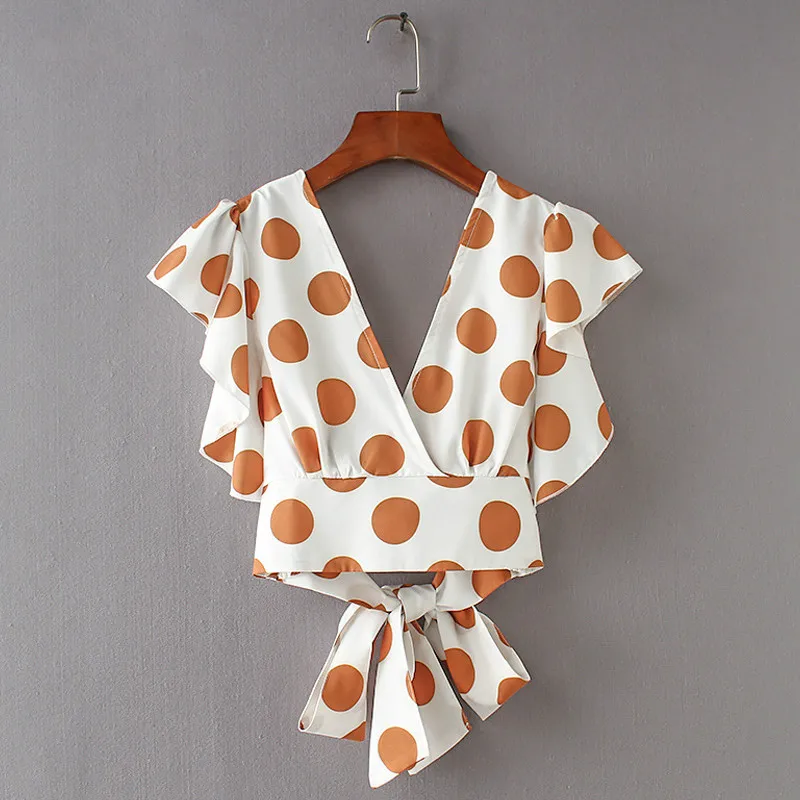

Chic Polka Dot Ruffle Women Blouse Lace Up Wrap Top Sexy V Neck Backless Crop Top Summer Vintage Ladies Shirts And Tops