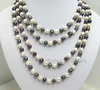 

SALE Super Long 80" White & black Big 8-9mm Natural Freshwater Pearl Necklace -nec5008 Free shipping Free shipping