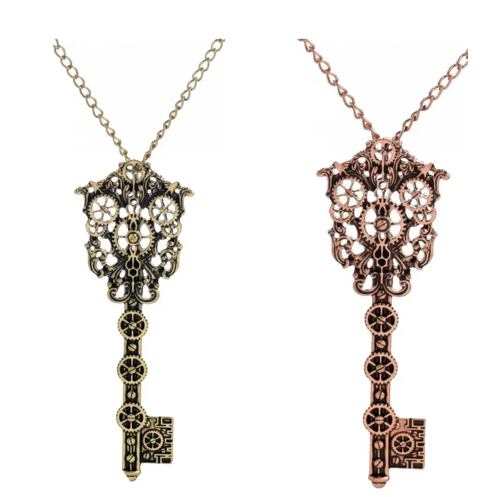 2pcs Vintage Filigree Skeleton Key Gear Cog Steampunk Chain Pendant Necklace
