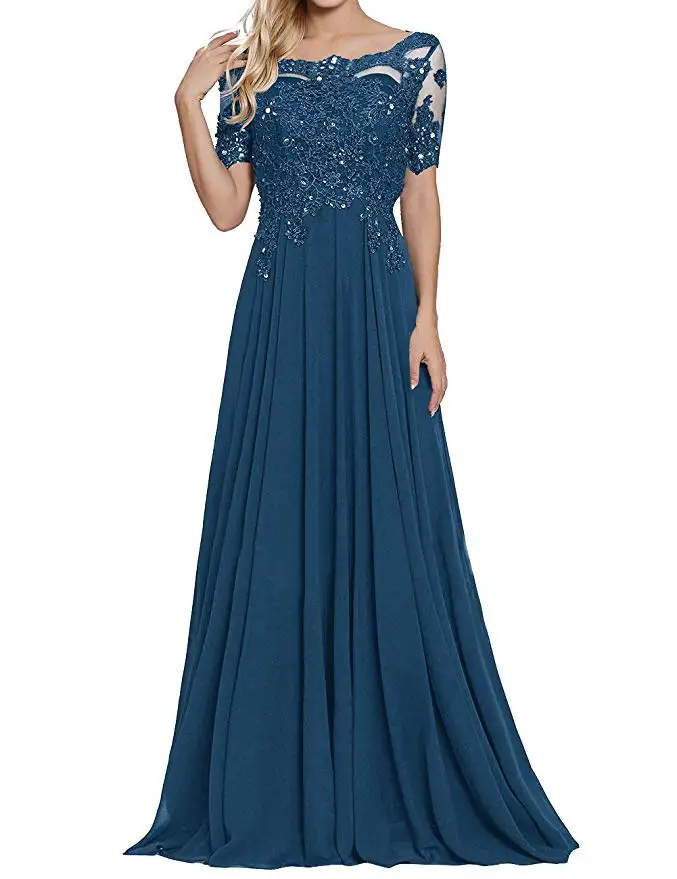

2019 Women's Chiffon Appliques Beaded A Line Short Sleeve Mother Of The Bride Dress Vestidos De Madrina De Boda Largos
