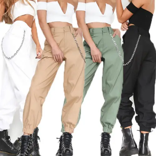 Женские повседневные брюки-карго с высокой талией, женские свободные однотонные брюки с боковыми карманами и эластичной резинкой на талии