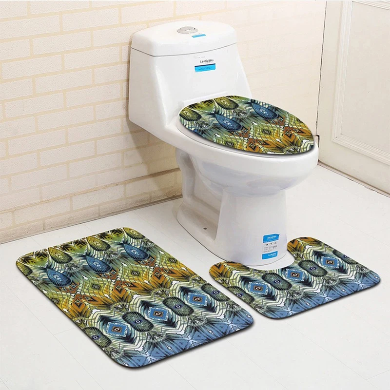 HomeMiYN New Bath Mat Geometric 3 Pieces Bathroom Pads Toilet Lid Pad