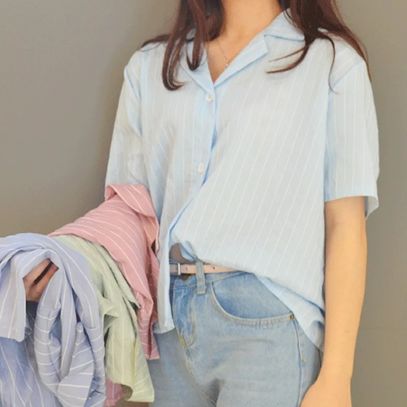 

Striped Casual Women Blouse Shirt Short Sleeve Loose Blouse Female Tops Turn-down Collar Blusas