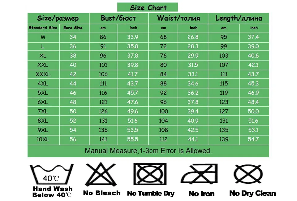 Bohemian Dress Size Chart
