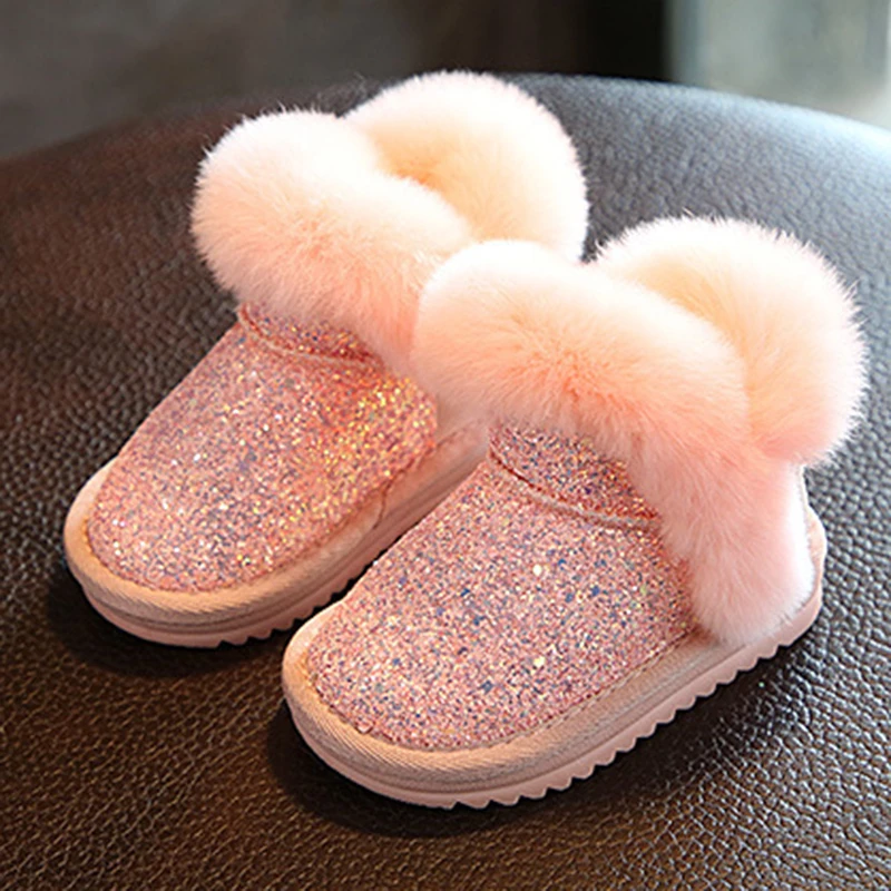 

BOUSWTH 2018 winter children girls shoes keep fashion snow boots blingbling sequins round toe ankle princess short boots
