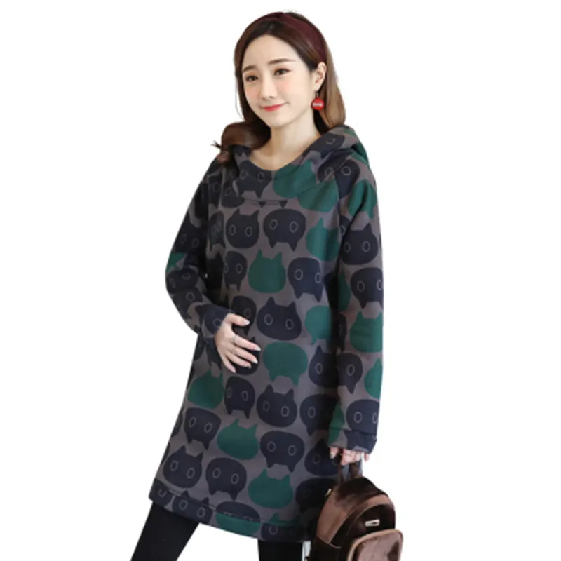 

Korean Style Loose Maternity Dress thickening&velvet Hoodie Clothes for Pregnant Women Printing Novelty Pregnancy Clothing B0358