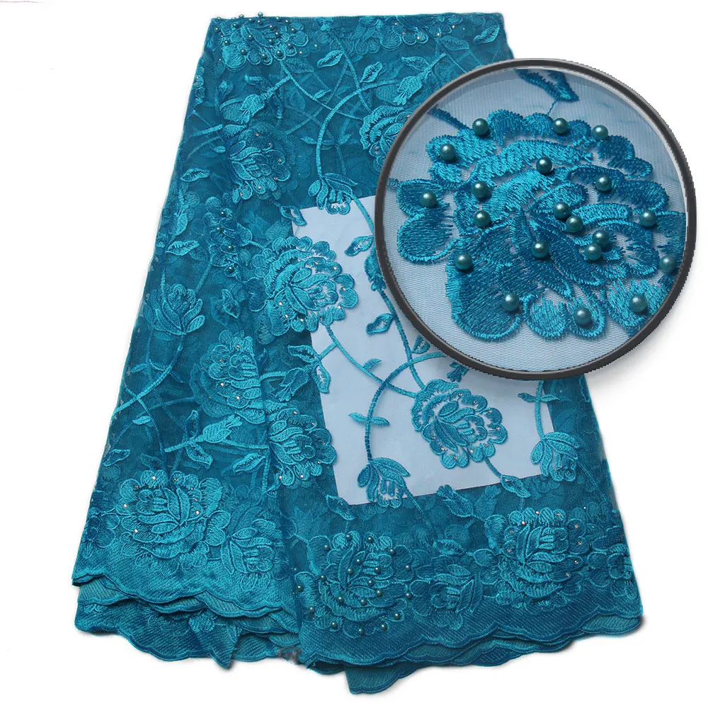 

High Quality french Lace Fabrics With Stones Beads, Sky Blue African French tulle Lace for wedding/party dress A839B-1