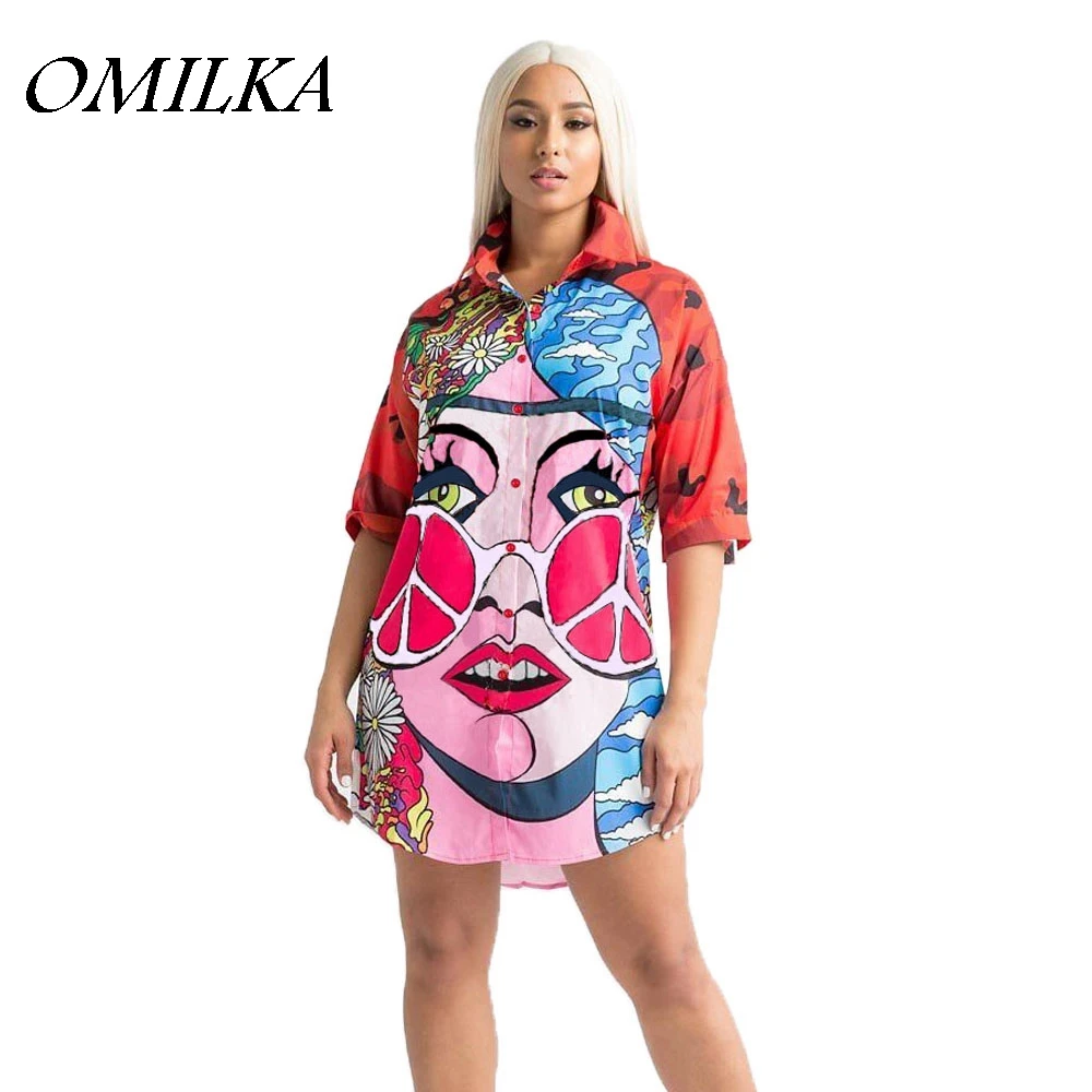 

OMILKA 2018 Summer Women Half Sleeve Cartoon Printed Shirt Dress Casual Loose Red Harajuku Irregular Hip Hop Club Mini Dress