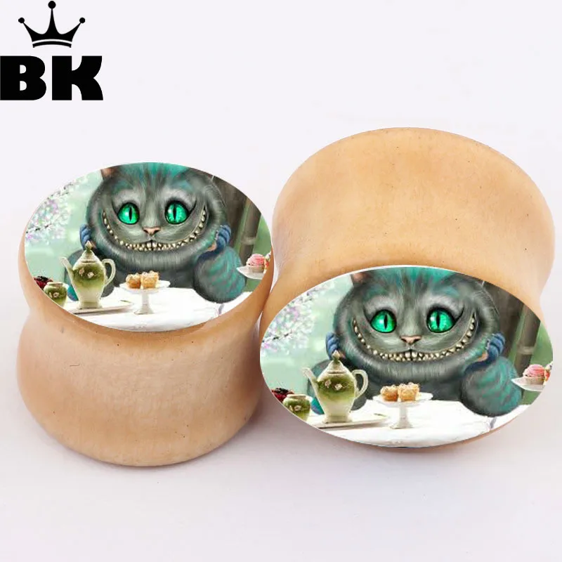 1 pair ear plugs wood cute cat fashion design flesh ear tunnels gauges