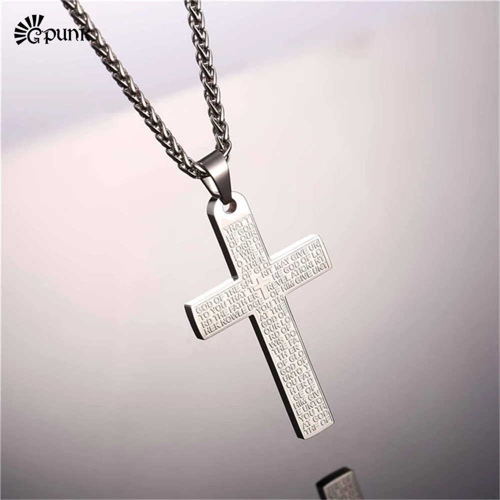 

U7 unique gold color crucifix pendant prayer bible engraved cross pendant necklace with wheat chain P2437G