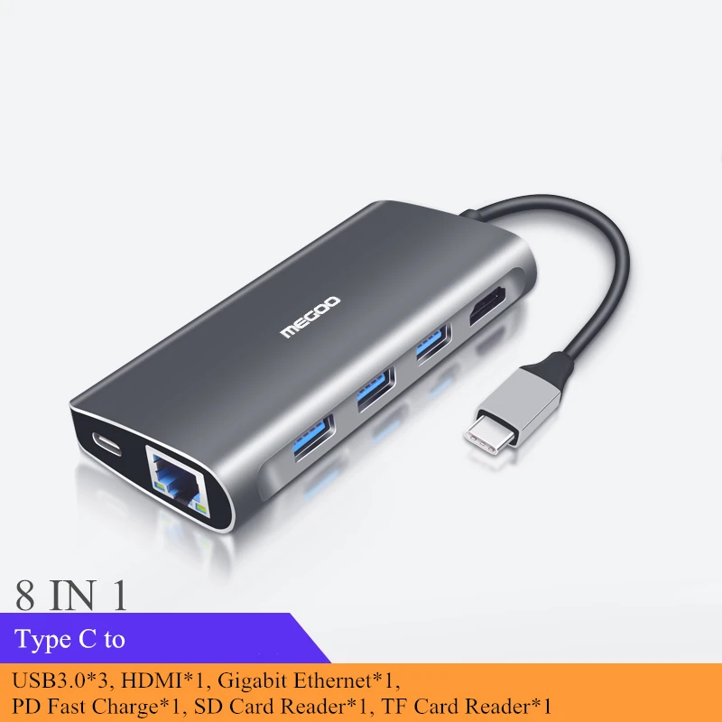 Megoo 8 в 1 USB C док-станция для ноутбука Тип C к VGA/HDMI/Ethernet/USB3.0/PD зарядная док-станция для поверхности Go/Mac Pro - Цвет: 8 in 1