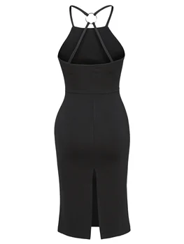 

Gothic Sleeveless Dress Black Summer Spaghetti Strap Slim Backless Ring Kick Pleat Cardigan Sexy Party Goth Female Dress