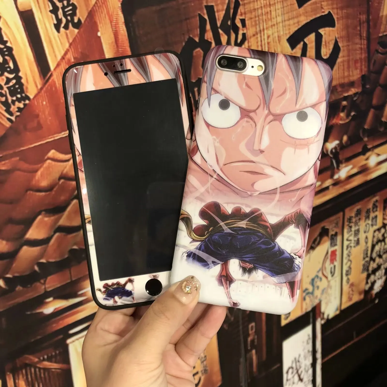 

Rlenda 3D Edge Screen Protector Tempered Glass Film Protective cover+TPU case Cartoon One Piece Luffy for iphone 6 6s 7 8 plus