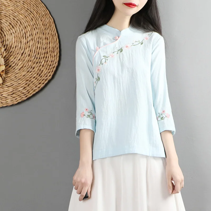 Китайский традиционный костюм cheongsam Топ льняная рубашка женская элегантная блузка из хлопка и льна с воротником-стойкой - Цвет: color3