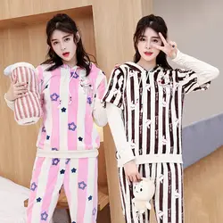 JINUO зимние фланелевые пижамы с капюшоном Женская Корейская версия полосатый утолщение пижамный комплект женские теплые мягкие Домашняя