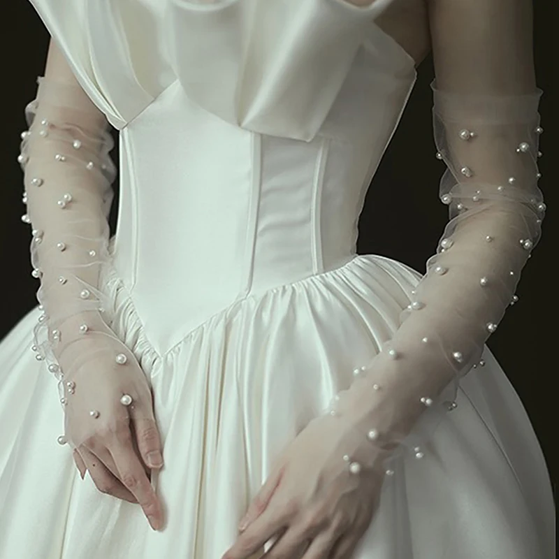 

White Ivory Fingerless Peals Mesh Opera Bridal Gloves Wedding Gloves Wedding Accessories One Size