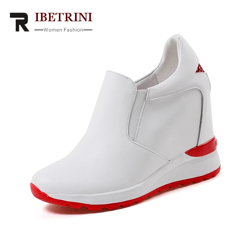 

RIBETRINI 2018 Large Size 32-40 Genuine Leather Wedge High Heels Platform Pumps Woman Black Red Elastic Band Woman Shoes