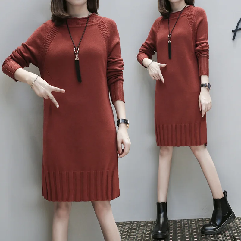 

Knit dress 2018 new women's large size long knit slim autumn dress