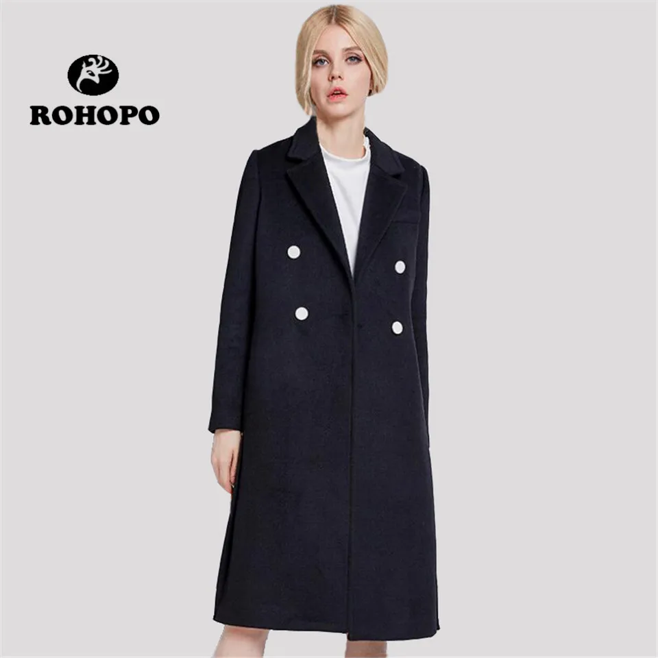 

ROHOPO Cashmere Winter Quality Women Long blends coat Keep Warm Solid Black 2018 windproof Cool Weather Straight Long Jacket