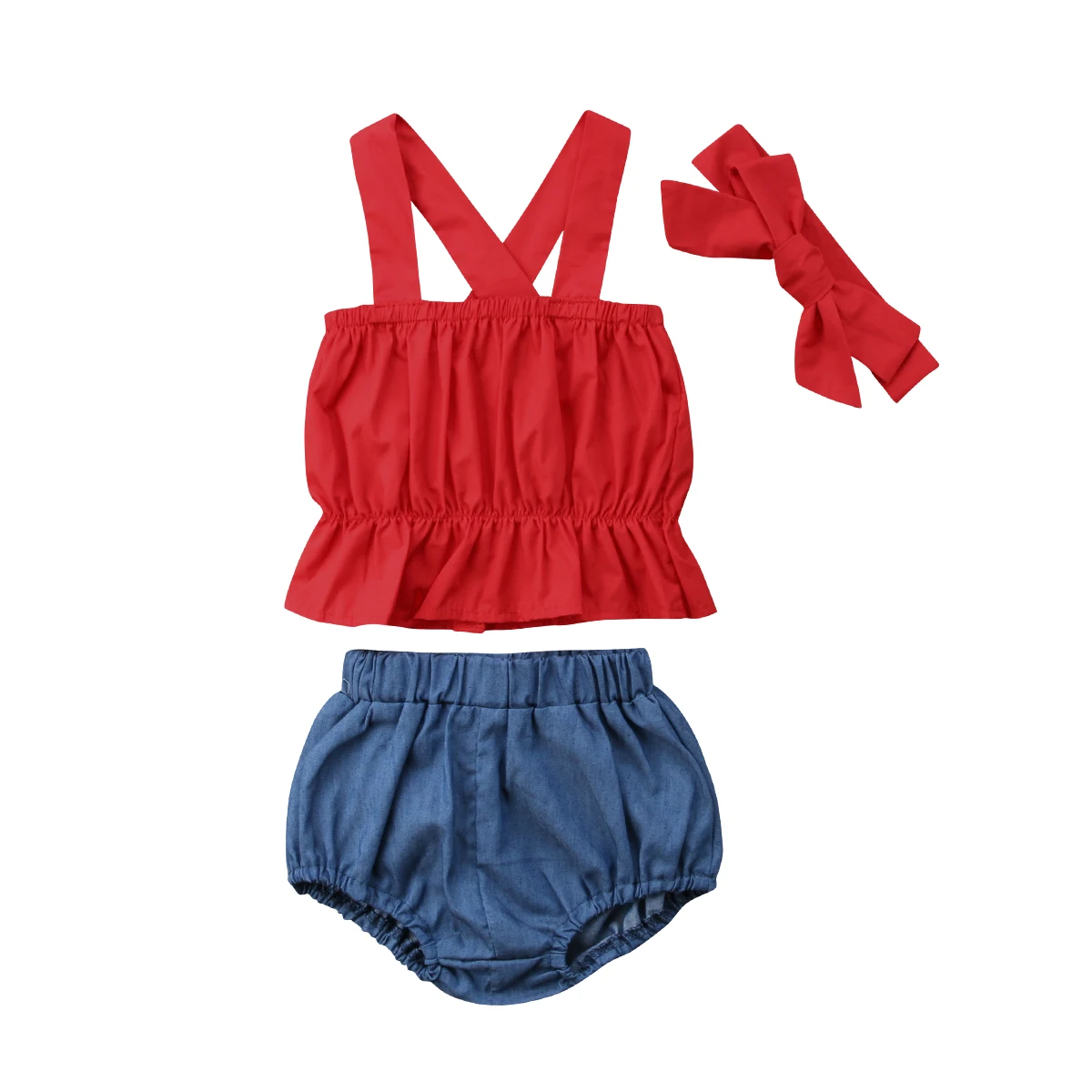 Newborn Baby Kids Girl Ruffled Hem Crop Top +Denim Shorts Brief 2pcs