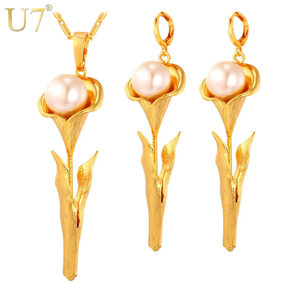 

U7 Valentine's Day Rose Flower Simulated Pearl Jewelry Set Gold Color Earrings Necklace Set Lovers Gift S797