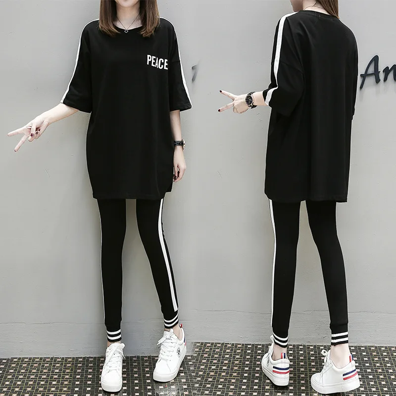 

New spring and autumn black women's Short sleeves T-shirt shirt and pants ladies sportswear two piece set AL222