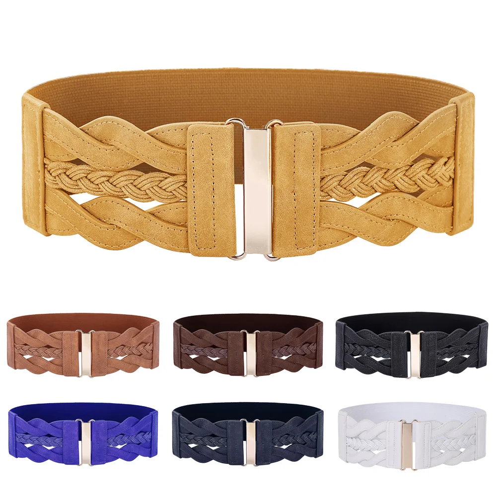 Hot Sale Women Ladies Girls Fashion Waist Belt Wide Braided Polyurethane Leather Stretchy Elastic Waist Ceinture Waistband Cinto