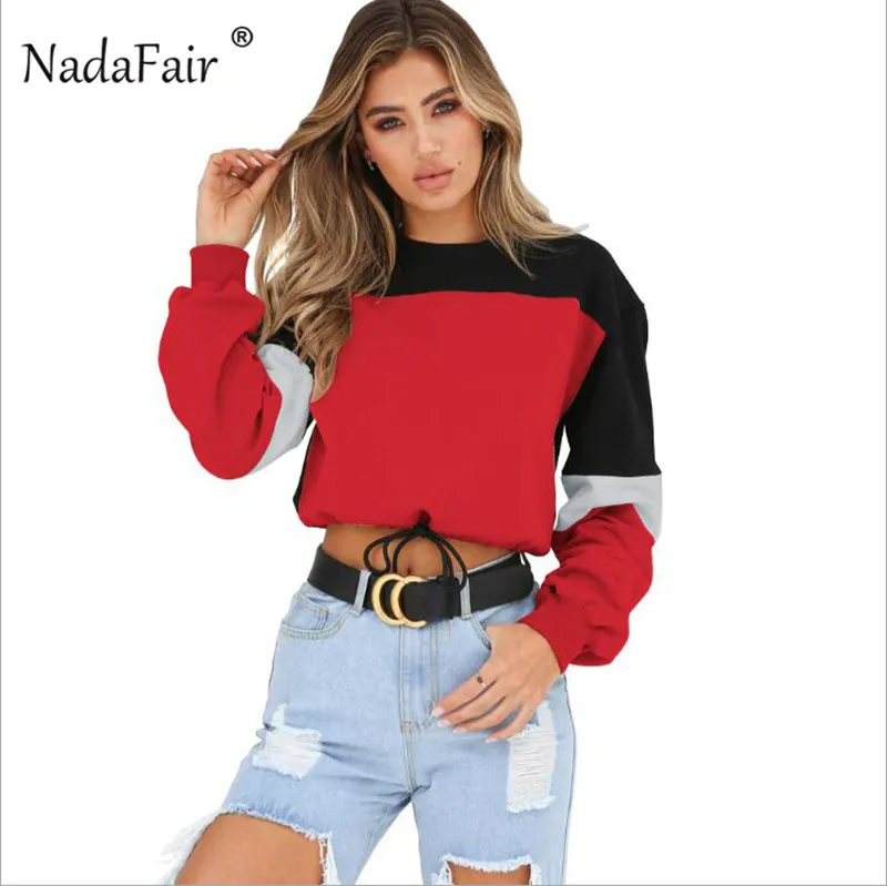 Nadafair, Цветные Лоскутные Свободные повседневные толстовки, женские свитшоты, Осенние сексуальные укороченные топы с эластичной талией, уличная одежда, Sudadera Mujer - Цвет: Красный