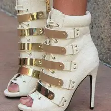 ; лето года; женские короткие ботильоны на тонком каблуке, с открытым носком, на шнуровке, на молнии, черного, белого, золотистого цвета