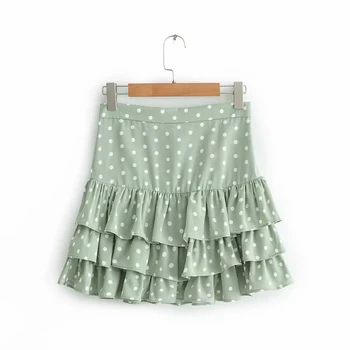 

Women 2019 Polka Dot Print Za Green Mini Skirt Summer Fashion Female Pleated Ruffles Skirts For Sweet Lady faldas mujer moda