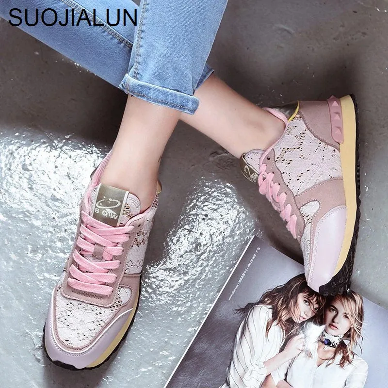 

SUOJIALUN Women Flats Running Shoes Brand Lace Rivet Breathable Sport Shoes Female Workinig Jogging Sneaker Lace up Loafer Soft
