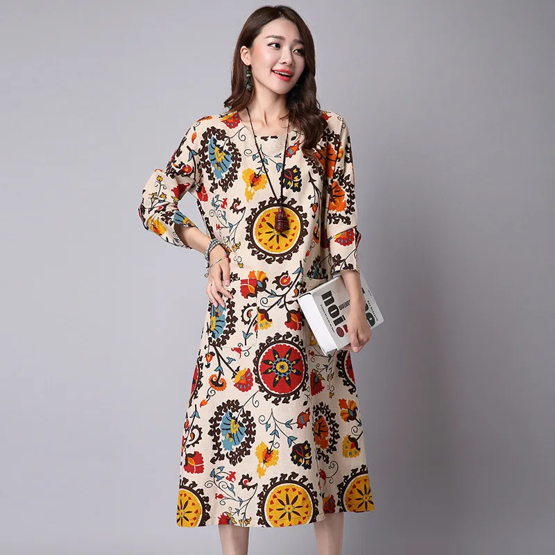 Woman Vintage Fashion Women Linen Dress Korean Autumn New Fashion Printed Vestidos Long Sleeve O