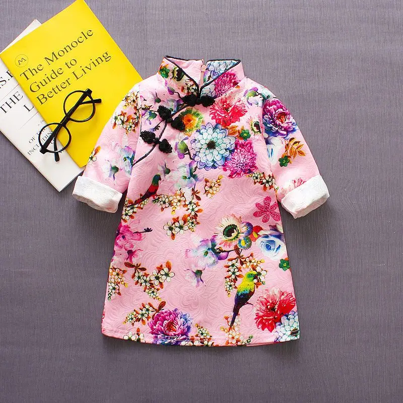 BibiCola/одежда для малышей в китайском стиле коллекция года, Осенняя детская одежда детские вечерние свадебное платье с цветами, платье для маленьких девочек chi-pao - Цвет: pink