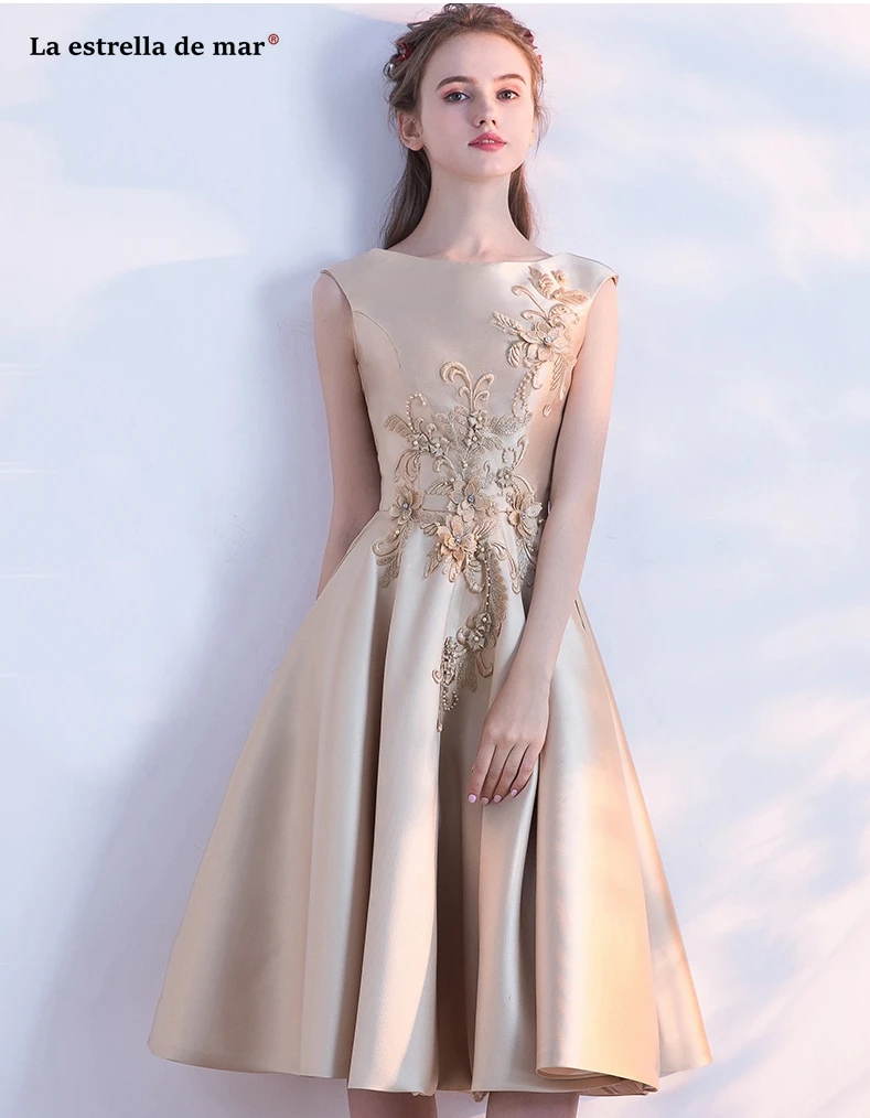 Свадебное платье для гостей, новинка 2019 года, атласное платье с аппликацией цвета шампанского, золотого, светло-голубого цвета, платье