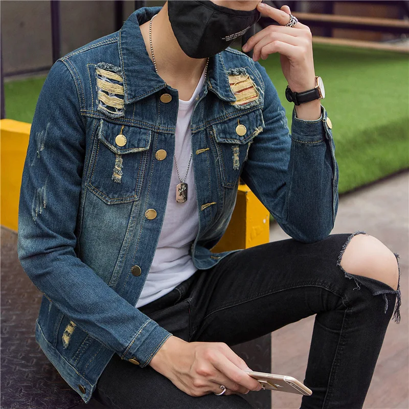 

Mr.nut Men's Denim Jacket Men's Korean Slim Jacket Men's Youth Hole New Men's Denim Top