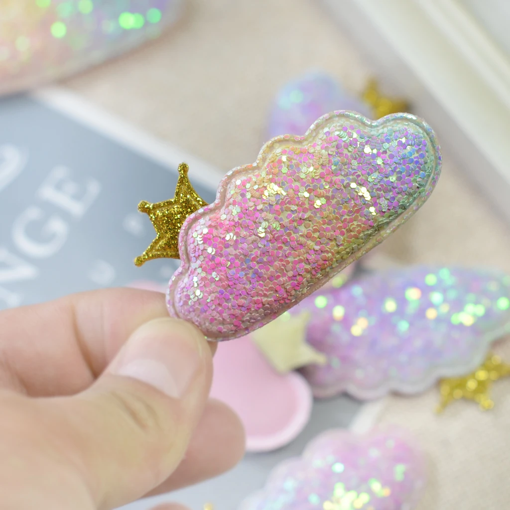 6pcs Rainbow Kawaii Padded Glitter Cloud Crown Patches Applique For Clothes Sewing DIY Baby Girl Hair Accessories Craft Decor