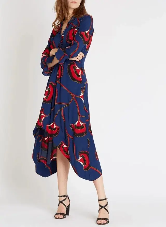 

Women Dress 2019 Spring and Summer Print V-neck Ruffled Long Irregular Waist Dress (Polyester)