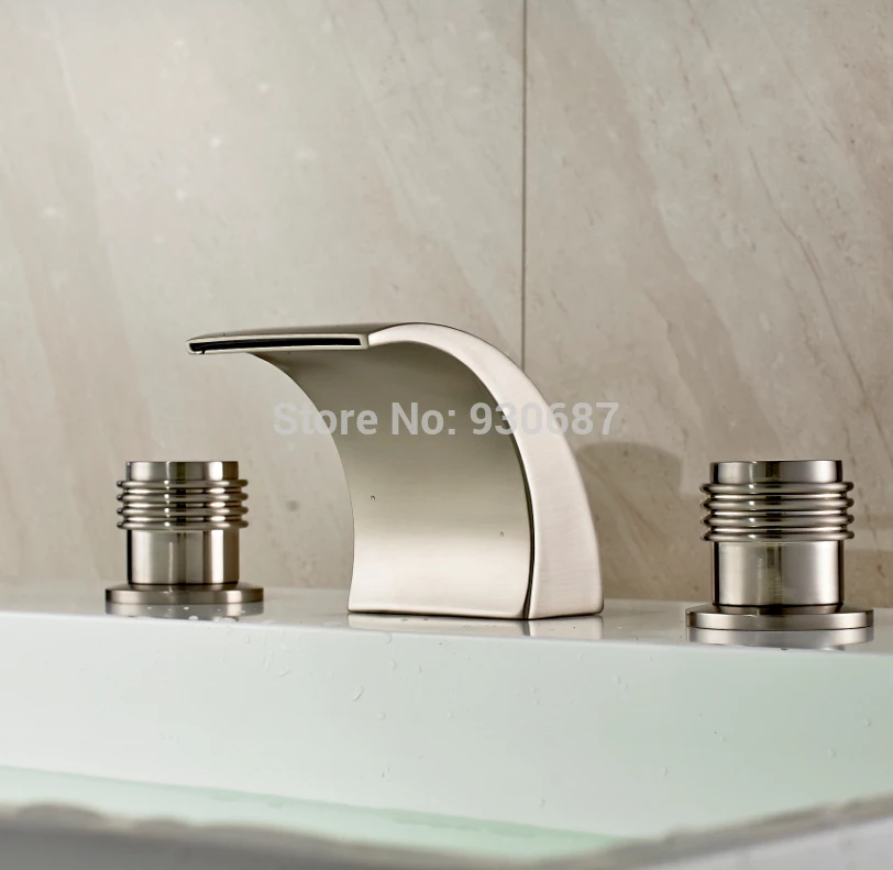 New Waterfall Brushed Nickel Basin Faucet Dual Handles Deck Mounted Mixer Tap