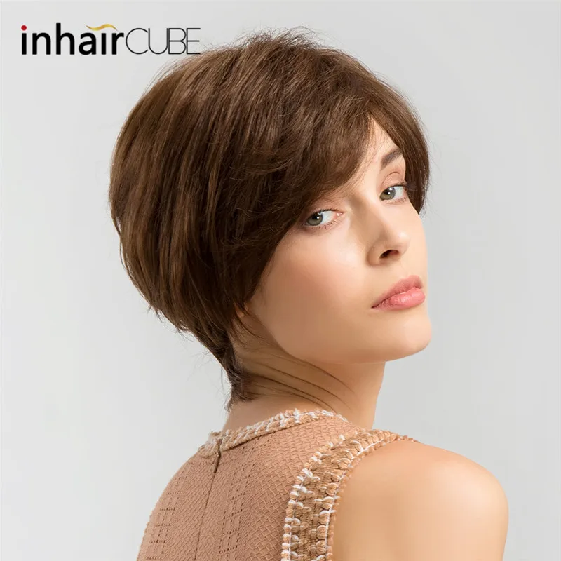 INHAIR CUBE Synthetic Blend Wigs Straight Hair Short Wig for Women Fluffy Human Hair Natural Elastic Wig Cap#27