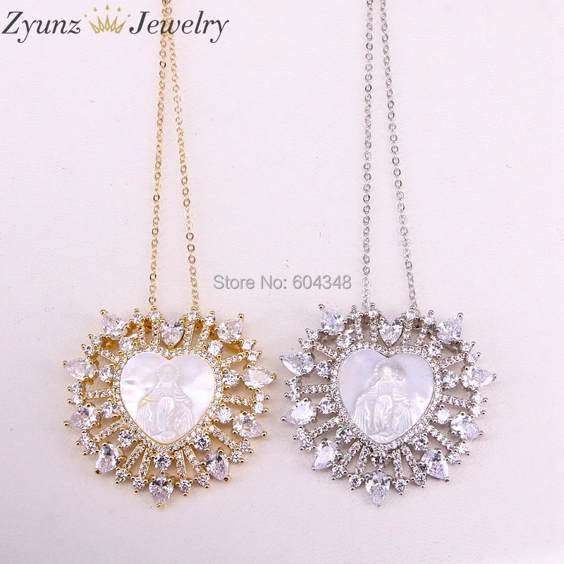 5 нитей ZYZ310-2100 CZ Micro pave Природный ожерелье Девы Марии подвеска с золото/серебро цвет покрытием в форме сердца