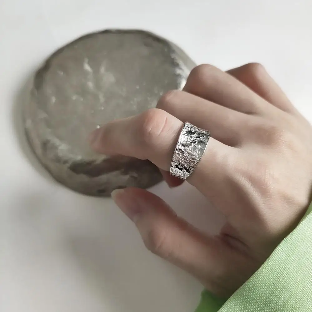 

Authentic S925 Sterling Silver FINE Jewelry unevenness concave-convex Irregular Band Rings adjust TLJ638