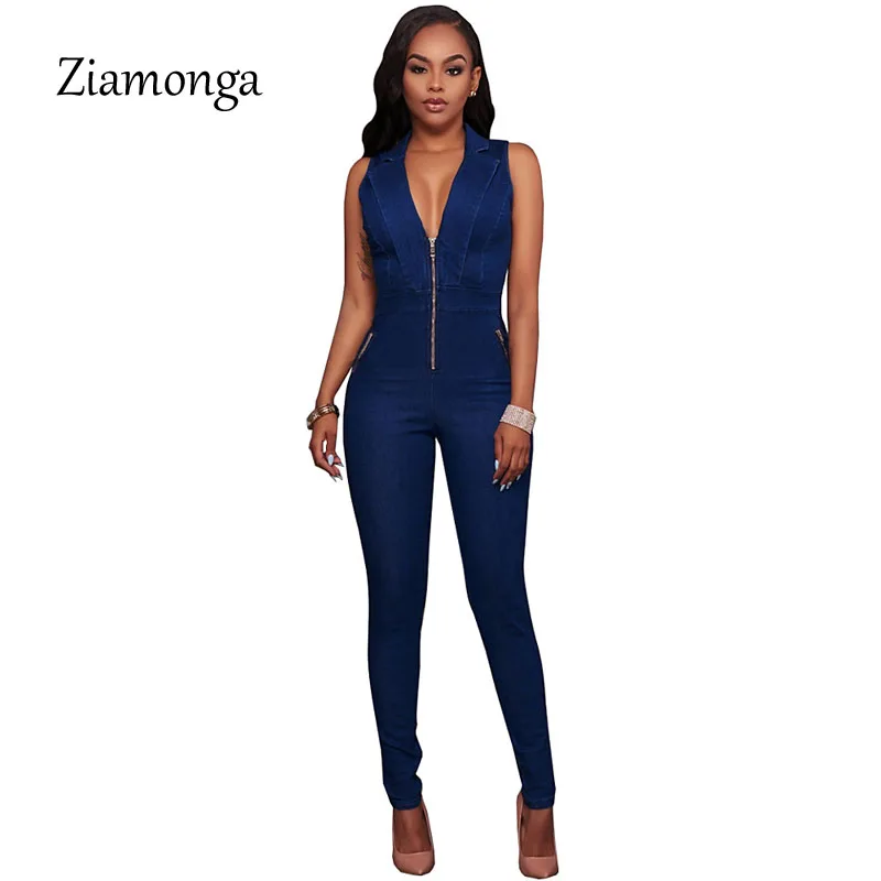 Ziamonga, женский джинсовый комбинезон, джинсовые длинные штаны, сексуальные глубокие узкие комбинезоны с v-образным вырезом, комбинезон для девочек, без рукавов, Клубная одежда, боди, комбинезон