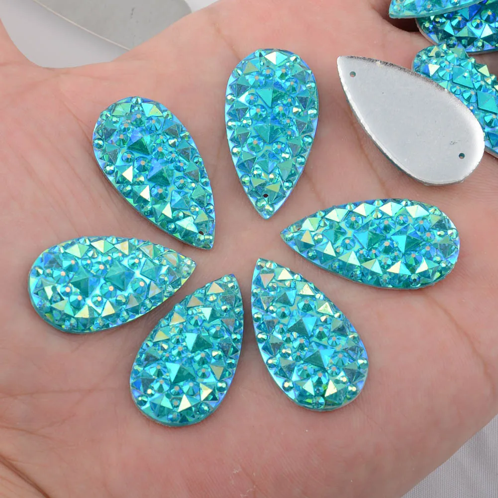 BOLIAO 10Pcs 16*30mm(0.63*1.18 in) AB Crystal Drop Light Blue Rhinestones Flatback Resin Sew On Clothes/Home Holiday Decoration