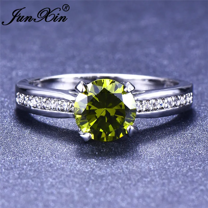 JUNXIN Fashion Round Cut Stone Olive Green Birthstone Rings For Women Men 925 Sterling Silver Filled Champagne Zircon Ring Gifts