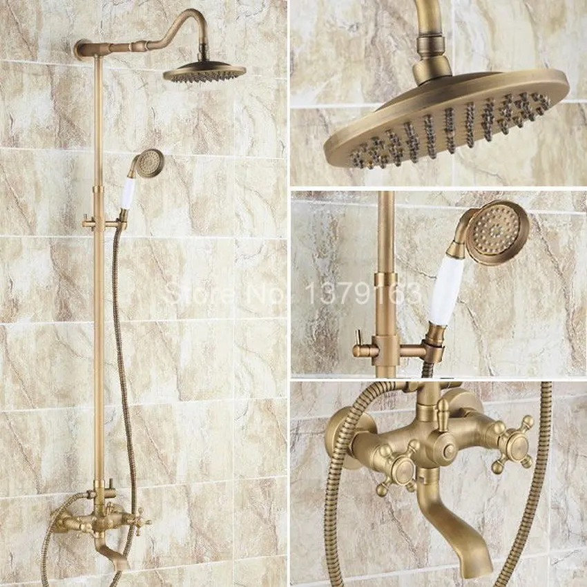 

Antique Brass Two Cross Handles Bathroom Rain Shower Faucet Set Tub Mixer Tap + 8" Round Rain Shower Head + Handshower ars106