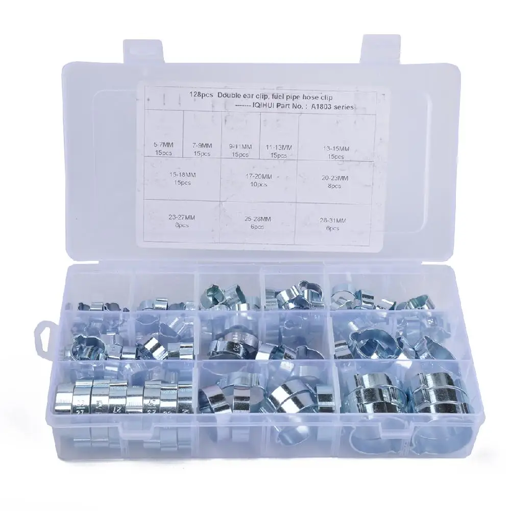 

128pcs/set 5-31MM 11 Kinds Double Ear O Hose Clips Clamps Steel Zinc Plated Assortment for Hydraulic Hose Fuel car accessories